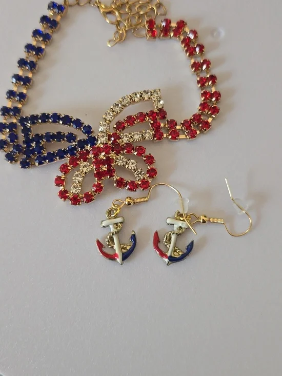 Patriotic Rhinestone Bracelet & Handmade Anchor Earrings Set Red White Blue USA - Picture 7 of 7